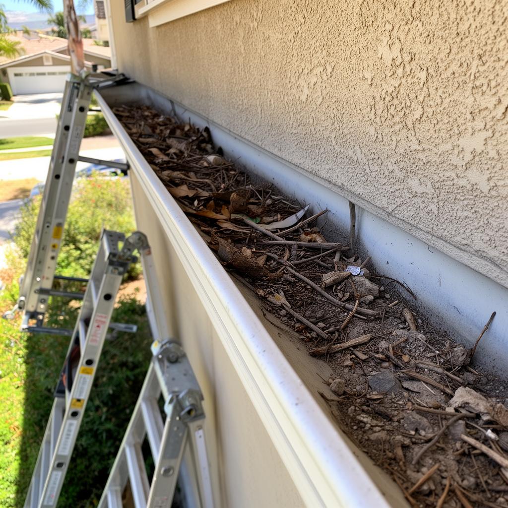 Residential rain gutter packed with leaves and debris before cleaning