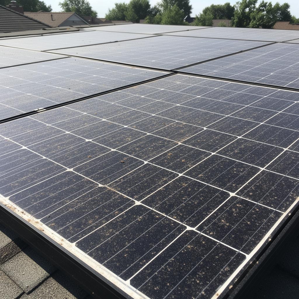 Dusty residential solar panels covered in dirt and pollen before cleaning