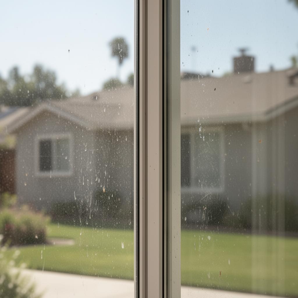 Residential sliding glass window with hard water spots before cleaning